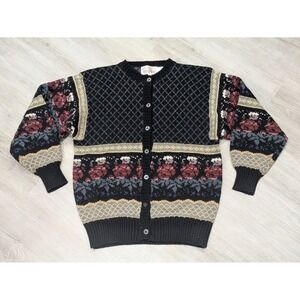 Vintage Sweater Womens Medium Black Floral Cardigan 80s Granny Grammacore